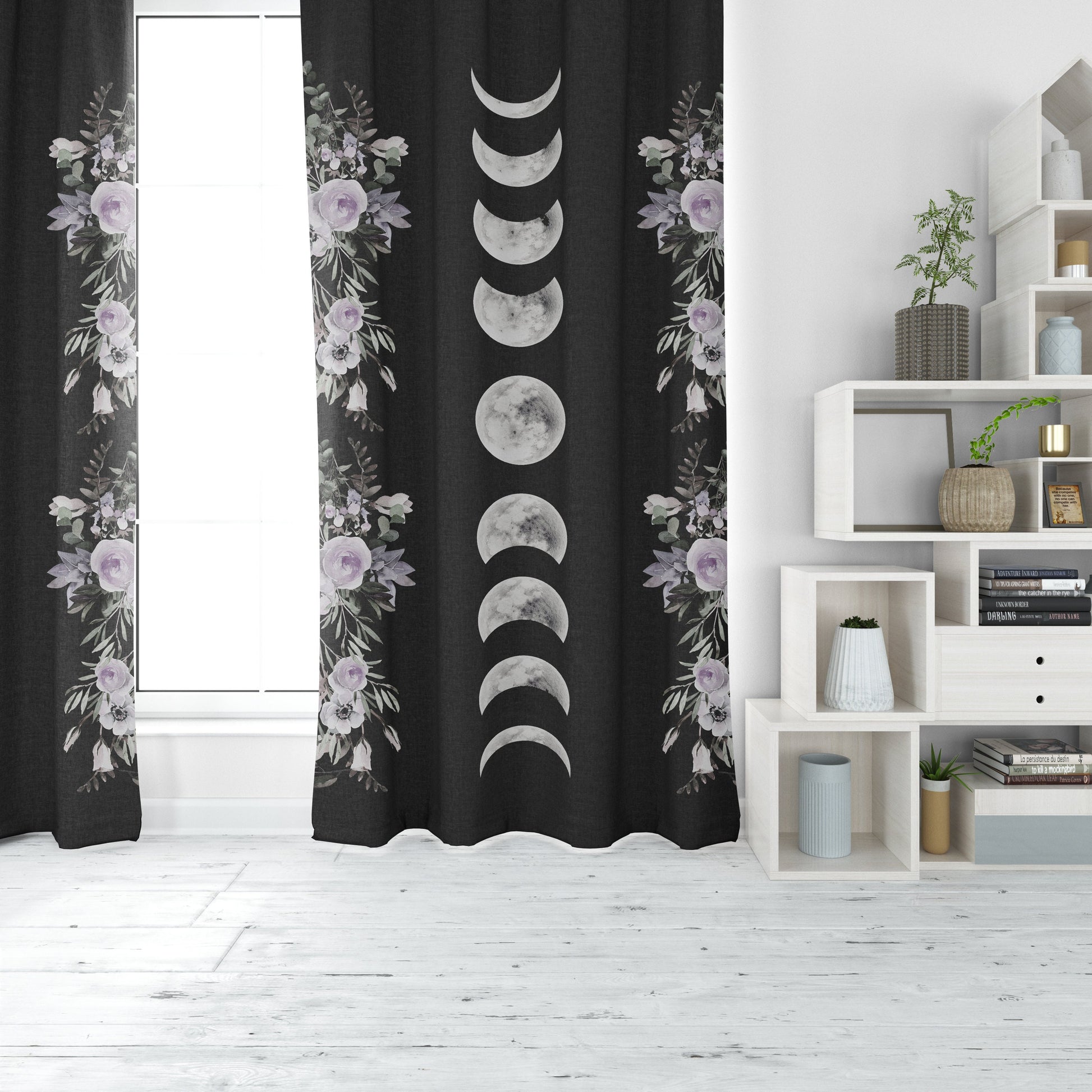 Floral Moon Phase Blackout Curtain: Bohemian Window Panel by DesignBohemian