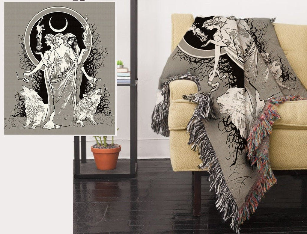 Hecate Moon Goddess Woven Blanket - Wiccan Tapestry