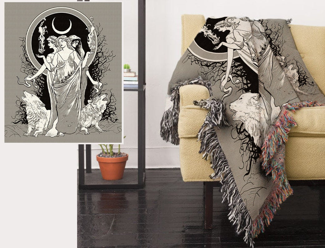 Hecate Moon Goddess Woven Blanket - Wiccan Tapestry