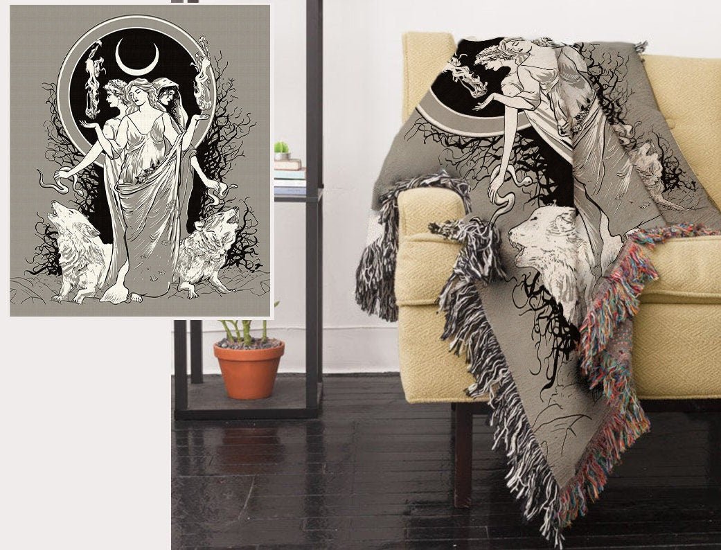 Hecate Moon Goddess Woven Blanket - Wiccan Tapestry