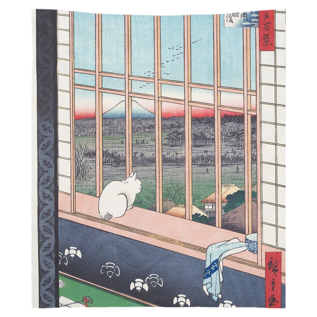 White Cat At The Window Vintage Illustration By Hiroshige Japanese Antique Woodblock Print Tapestry by DesignBohemian