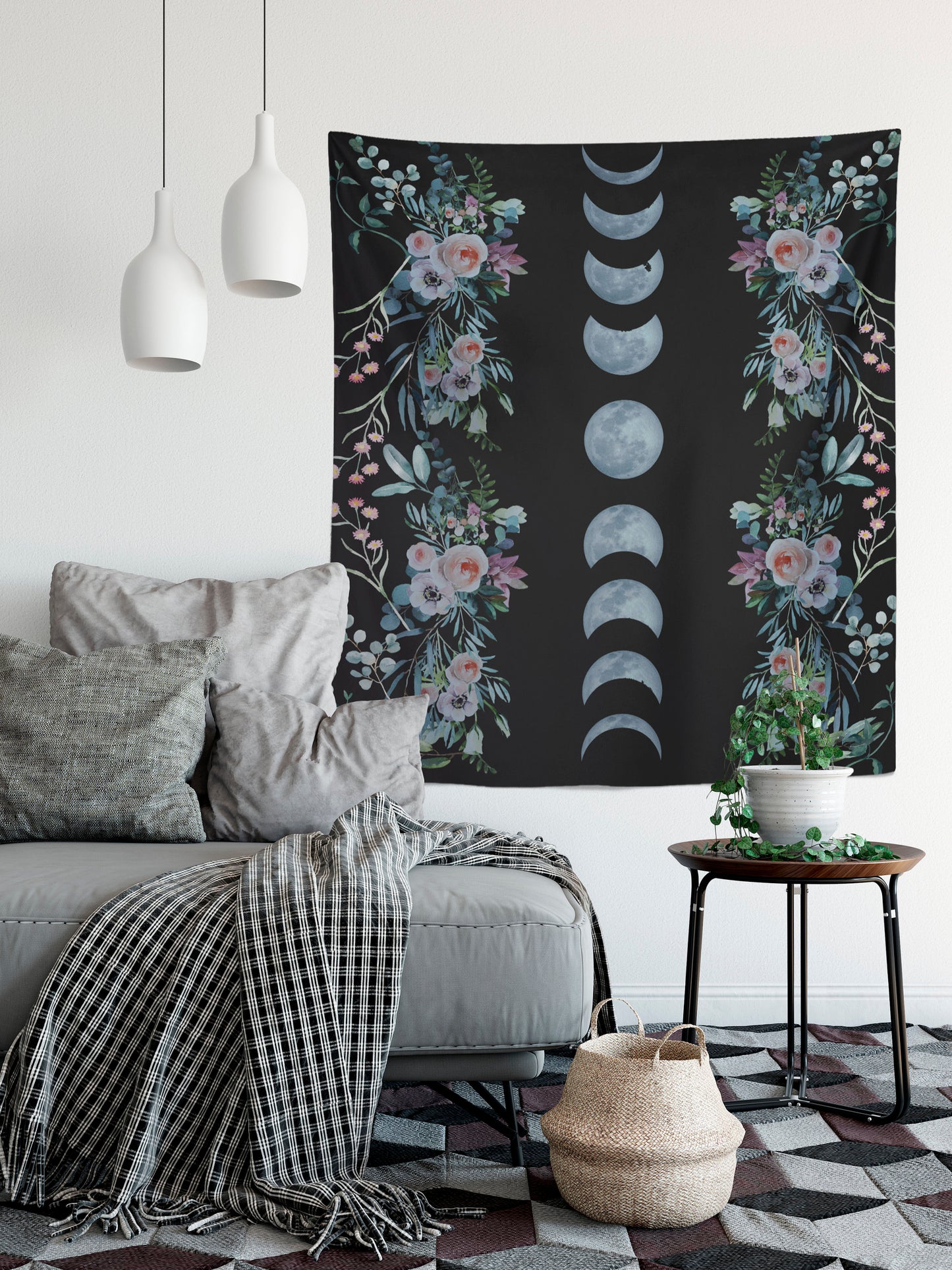 Blue Moon Phases Tapestry - Floral Alchemy Gothic Meditation Hippie Wall Hanging by DesignBohemian