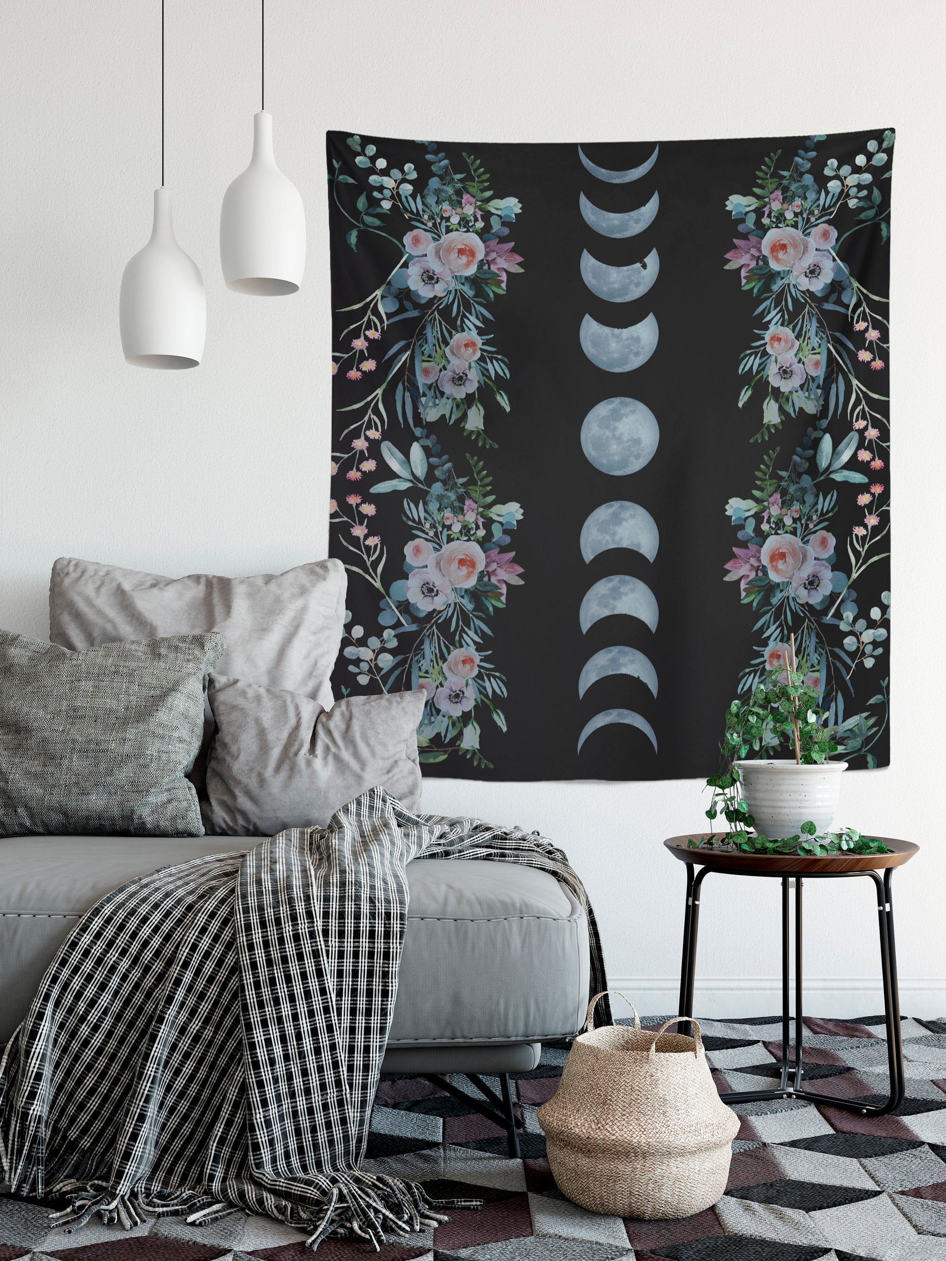 Blue Moon Phases Tapestry - Floral Alchemy Gothic Meditation Hippie Wall Hanging by DesignBohemian