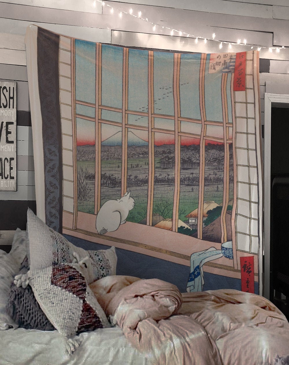 White Cat At The Window Vintage Illustration By Hiroshige Japanese Antique Woodblock Print Tapestry by DesignBohemian