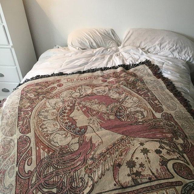 Art Nouveau Zodiac Woven Blanket: Mucha Style Bohemian Tapestry by DesignBohemian