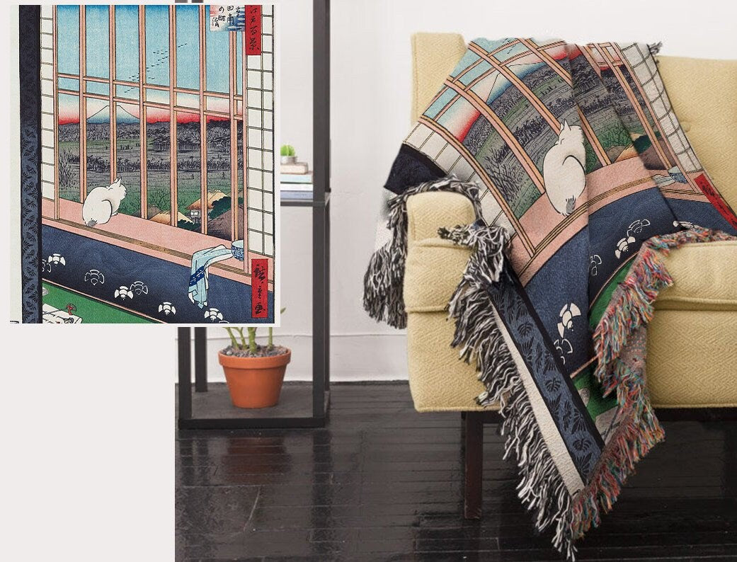 Woven Cat Tapestry: Vintage Japanese Art Throw Blanket by DesignBohemian