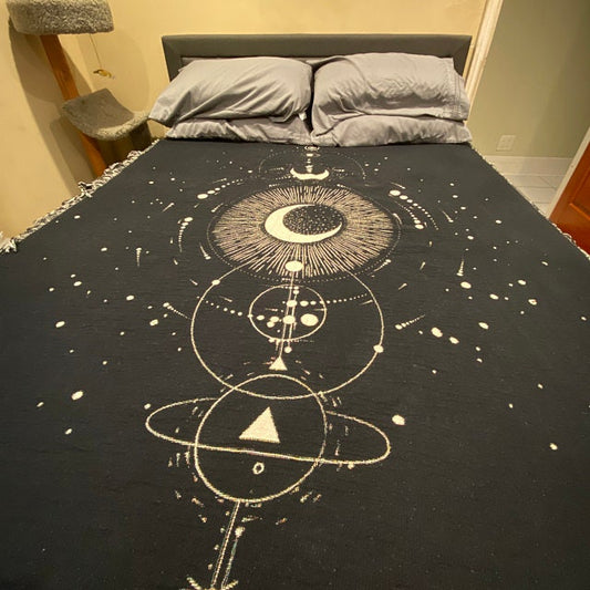 Space Alchemy Woven Cotton Blanket: Jacquard Bohemian Wall Hanging by DesignBohemian