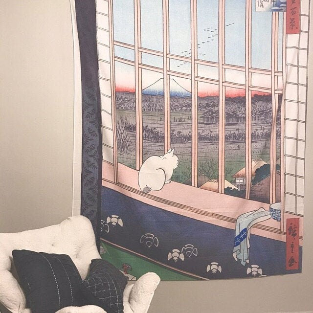 White Cat At The Window Vintage Illustration By Hiroshige Japanese Antique Woodblock Print Tapestry by DesignBohemian