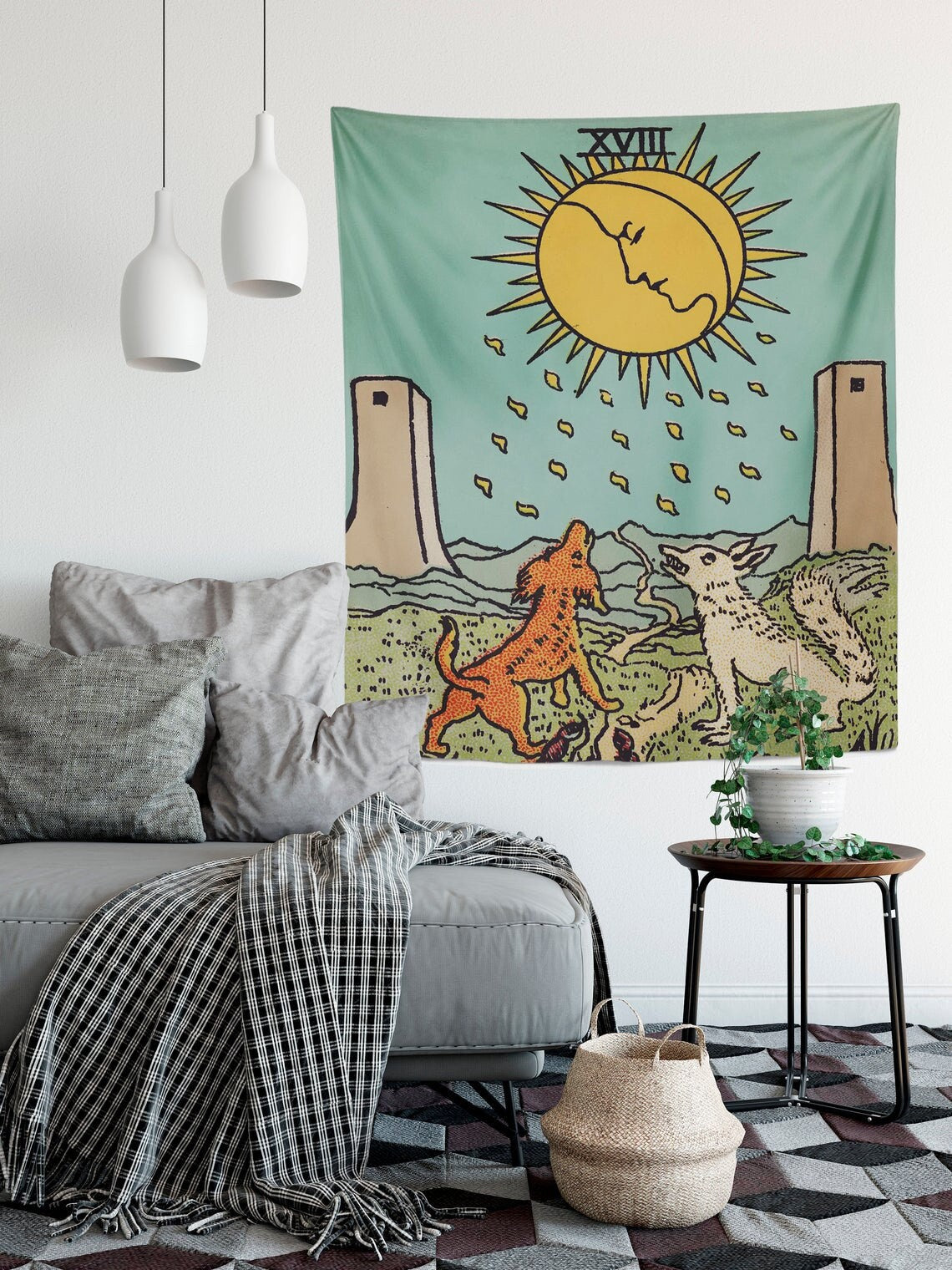 The Moon Tarot Card Tapestry – Rider Waite Smith Design, Teal & Turquoise