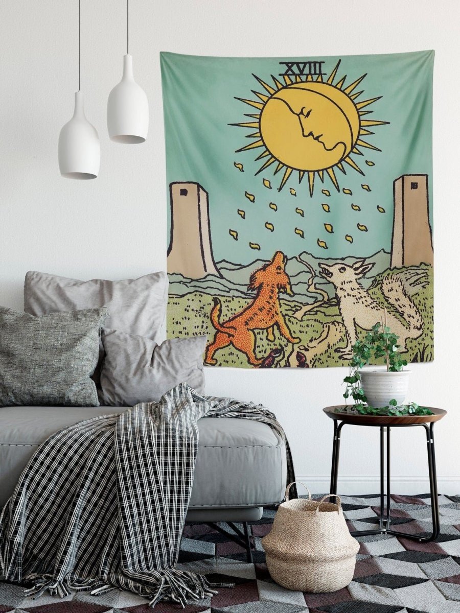 The Moon Tarot Card Tapestry – Rider Waite Smith Design, Teal & Turquoise