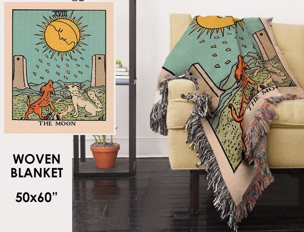 Woven Blanket - The Moon Tarot Card - Rider Waite Deck - Cotton Throw