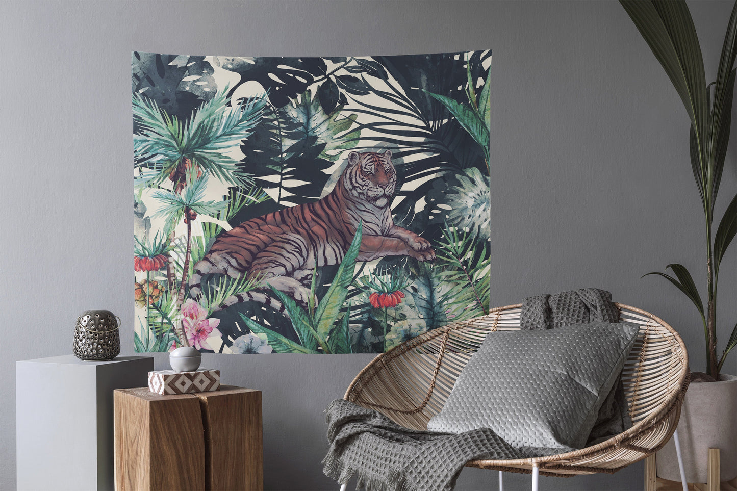 Dark Green Jungle Tiger Tapestry with Tropical Plants Wall Tapestry Yoga by DesignBohemian
