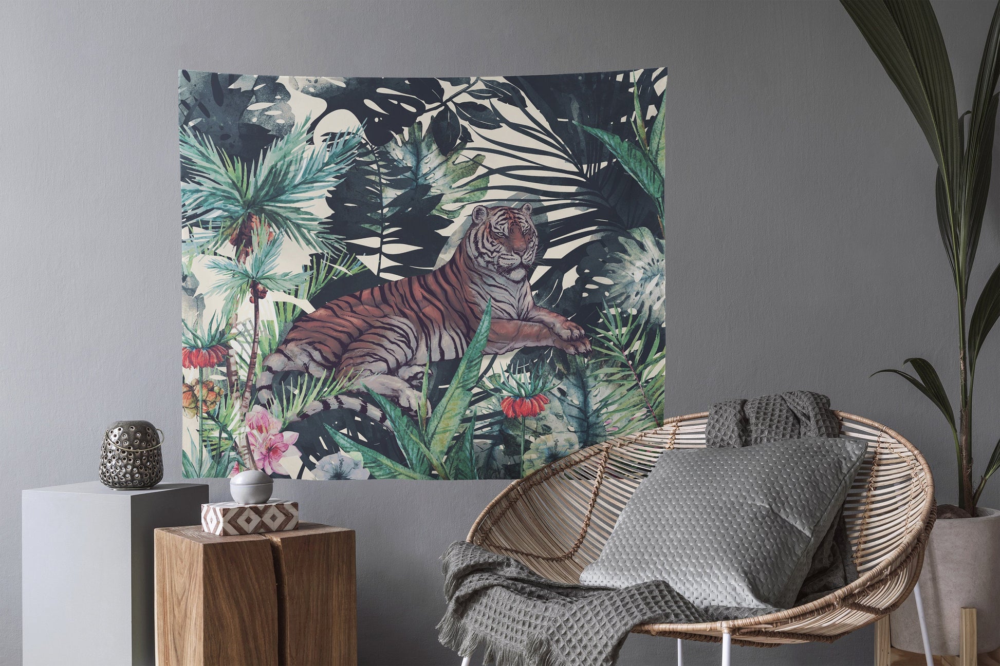 Dark Green Jungle Tiger Tapestry with Tropical Plants Wall Tapestry Yoga by DesignBohemian