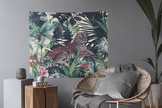 Dark Green Jungle Tiger Tapestry with Tropical Plants Wall Tapestry Yoga by DesignBohemian