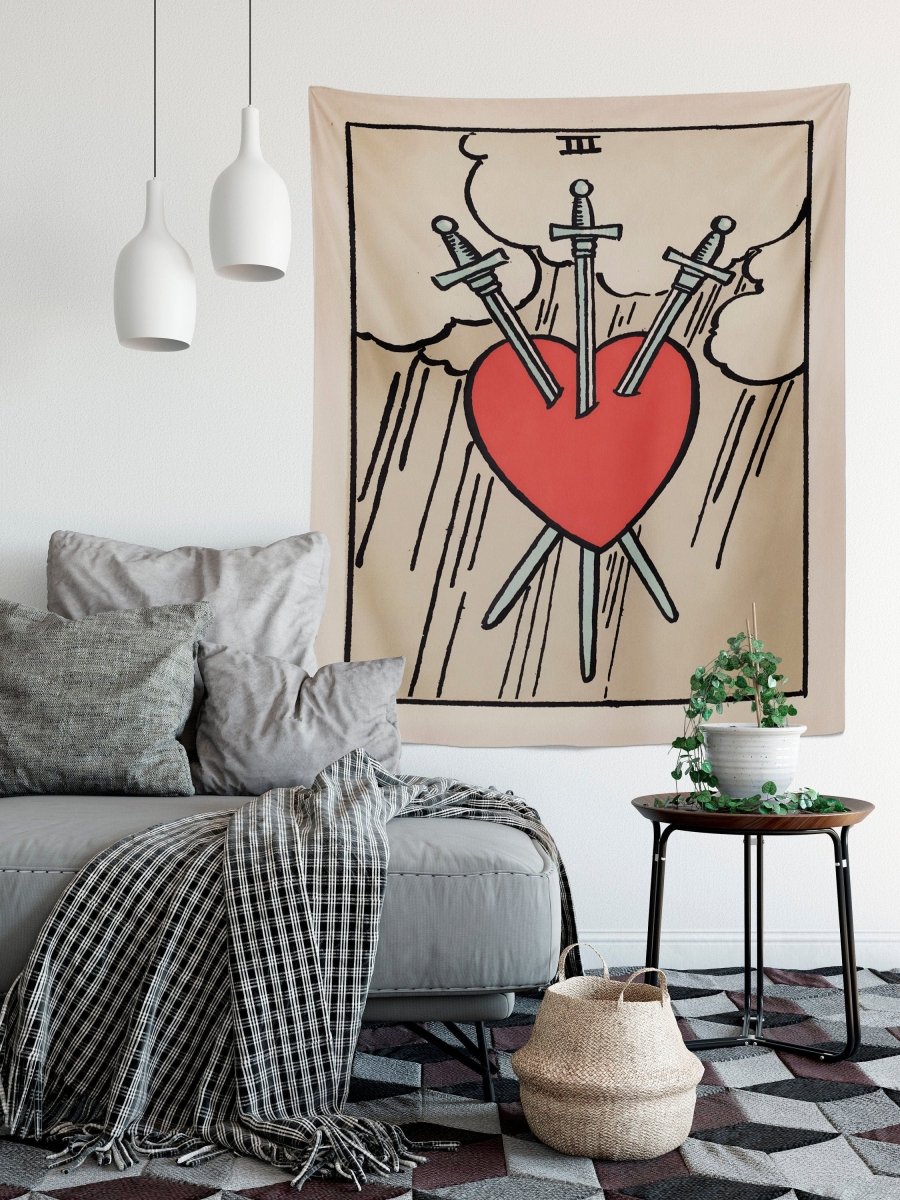 Three of Swords Tarot Card Tapestry - Rider Waite Design