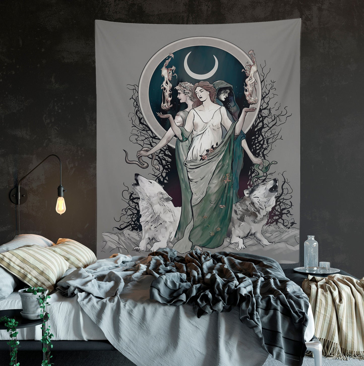 Hecate Moon Goddess Tapestry: Gothic Witchy Art with Wolves by DesignBohemian