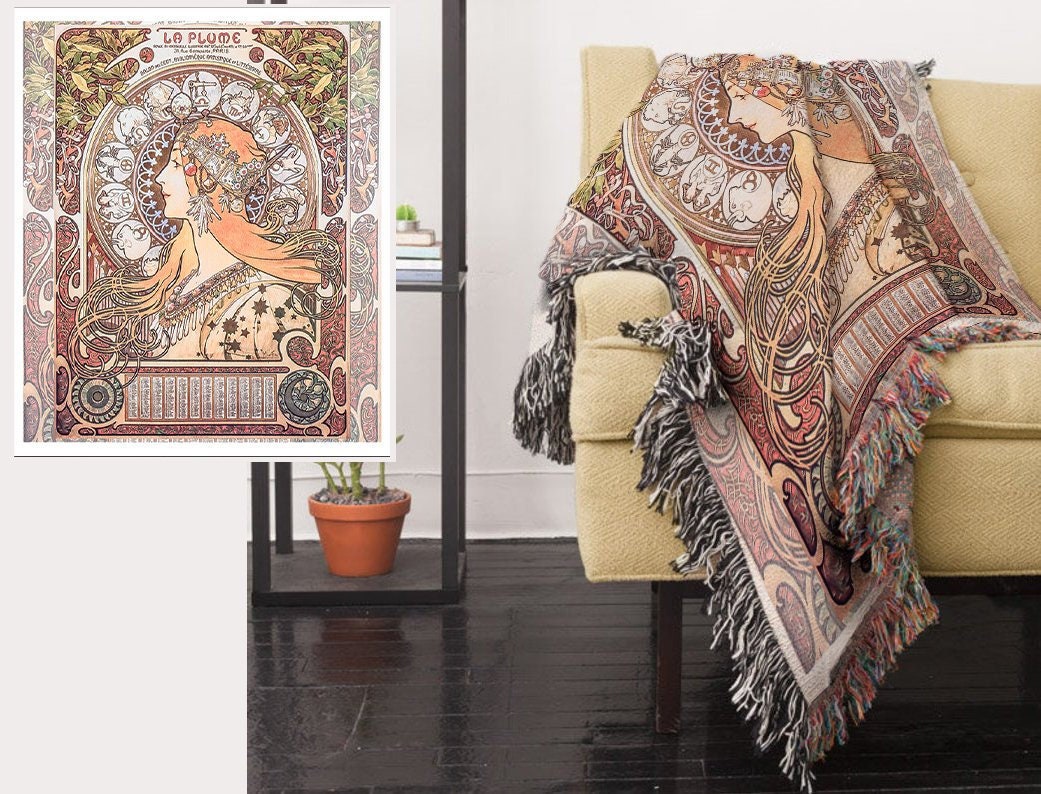 Art Nouveau Zodiac Woven Blanket: Mucha Style Bohemian Tapestry by DesignBohemian