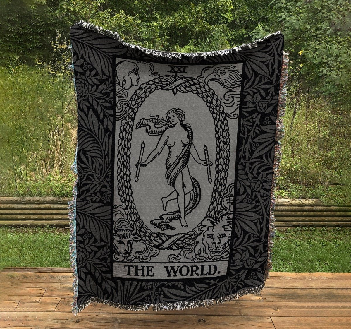 The World Tarot Card Woven Blanket – Gray & Black Floral Tapestry