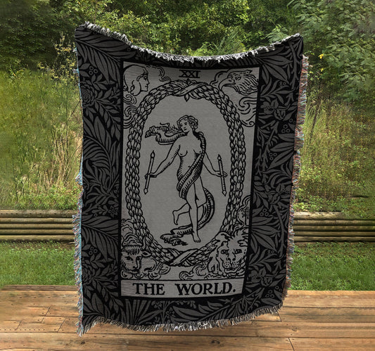 The World Tarot Card Woven Blanket – Gray & Black Floral Tapestry