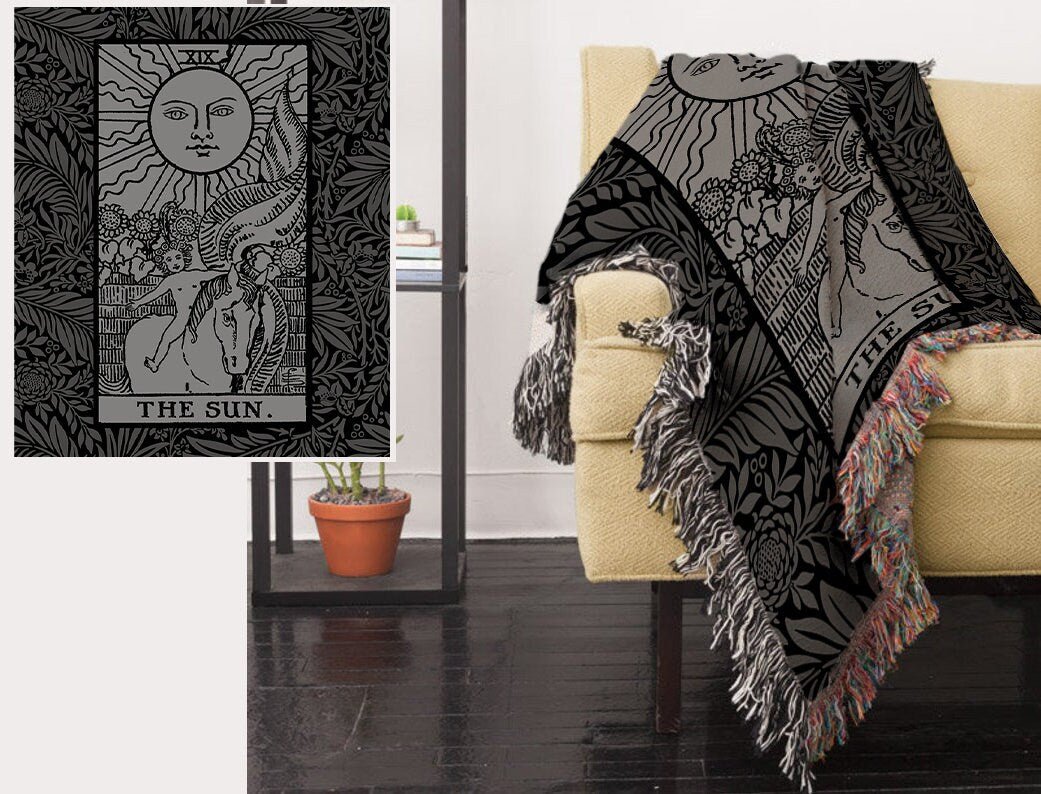 Woven Blanket - The Sun Tarot Card - Black and Gray Floral - Rider Waite Deck - Cotton Throw