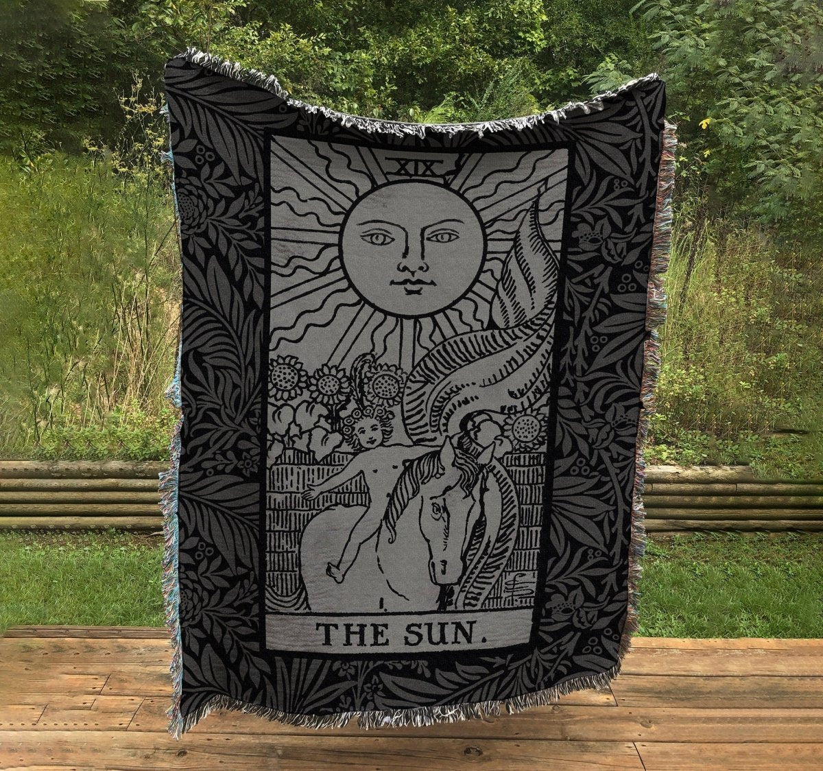 Woven Blanket - The Sun Tarot Card - Black and Gray Floral - Rider Waite Deck - Cotton Throw