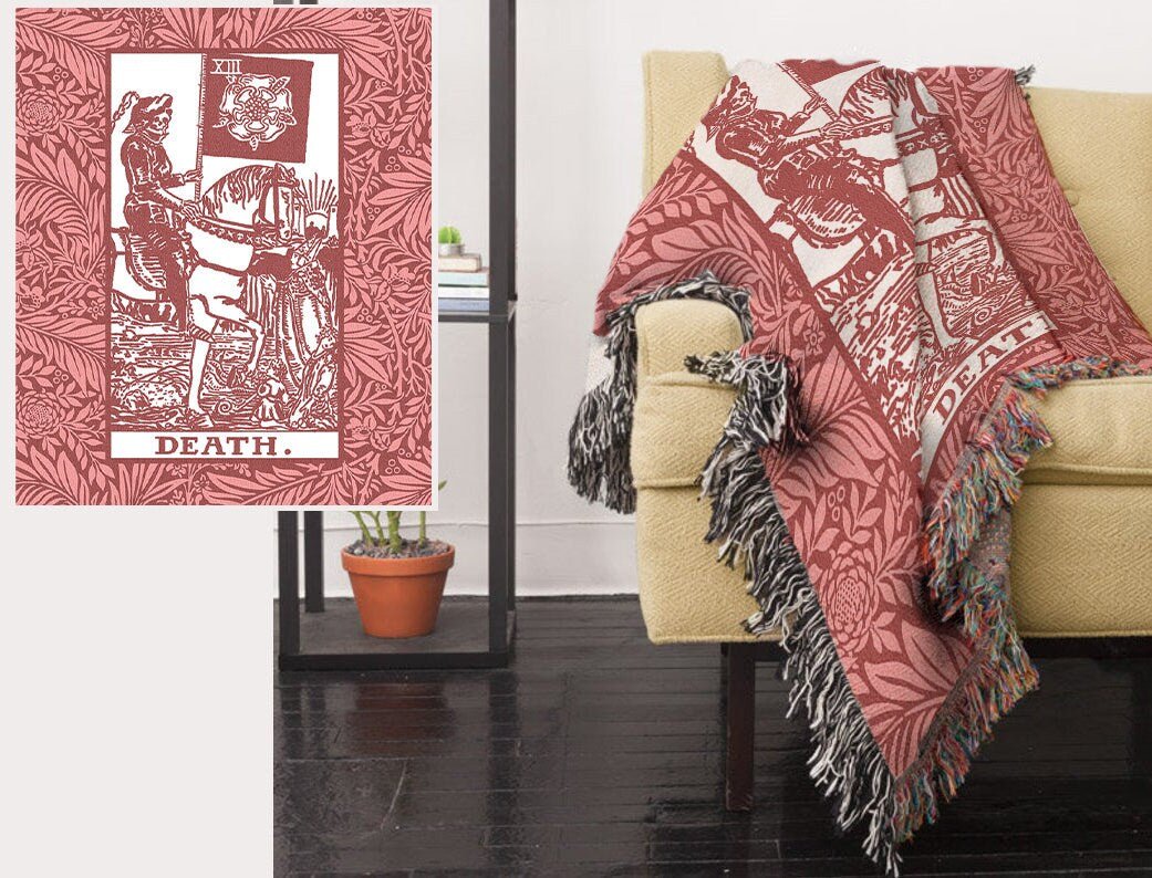 Woven Blanket - Death Tarot Card Pink Throw Blanket - Rider Waite Deck - Cotton