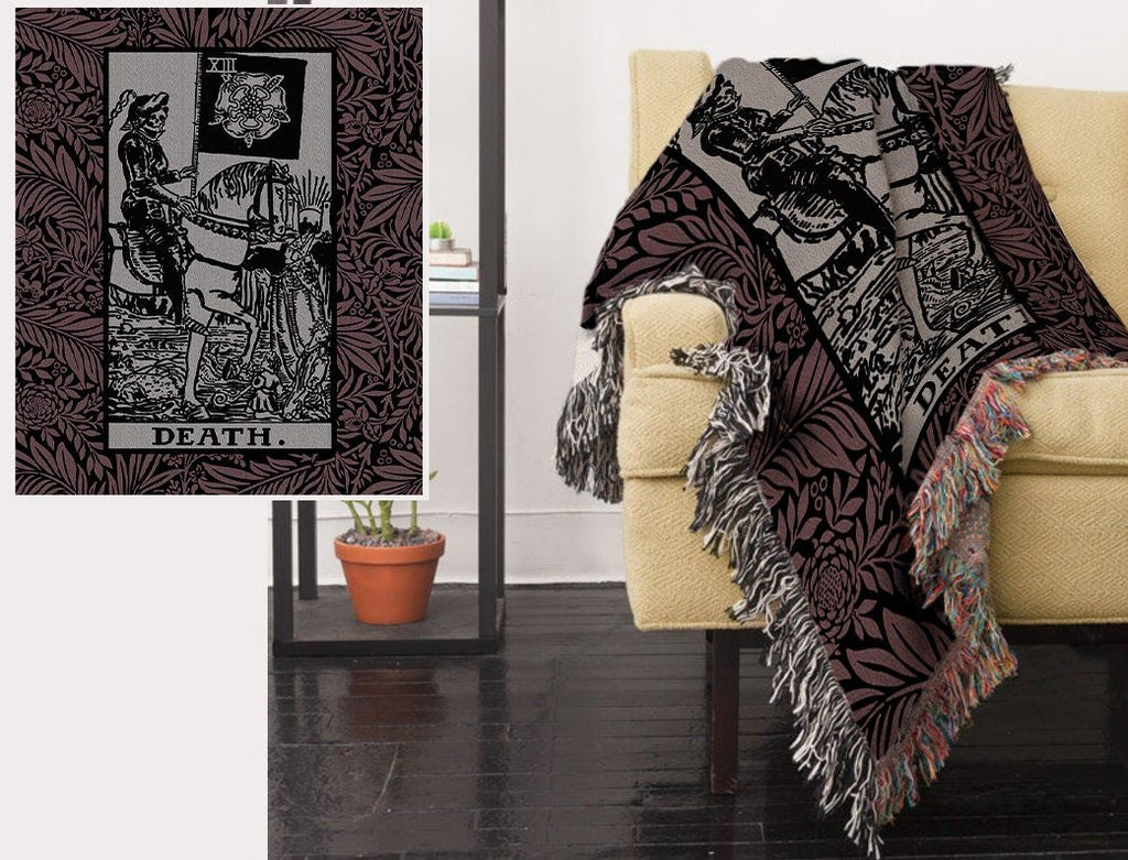 Death Tarot Card Woven Blanket - Purple Floral Cotton Throw
