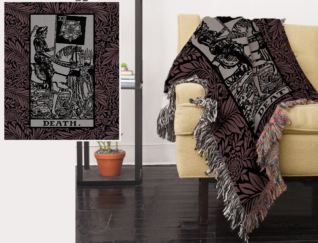 Death Tarot Card Woven Blanket - Purple Floral Cotton Throw