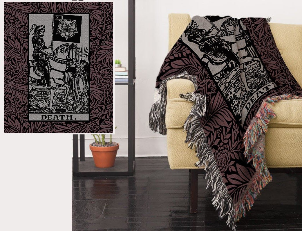 Death Tarot Card Woven Blanket - Purple Floral Cotton Throw