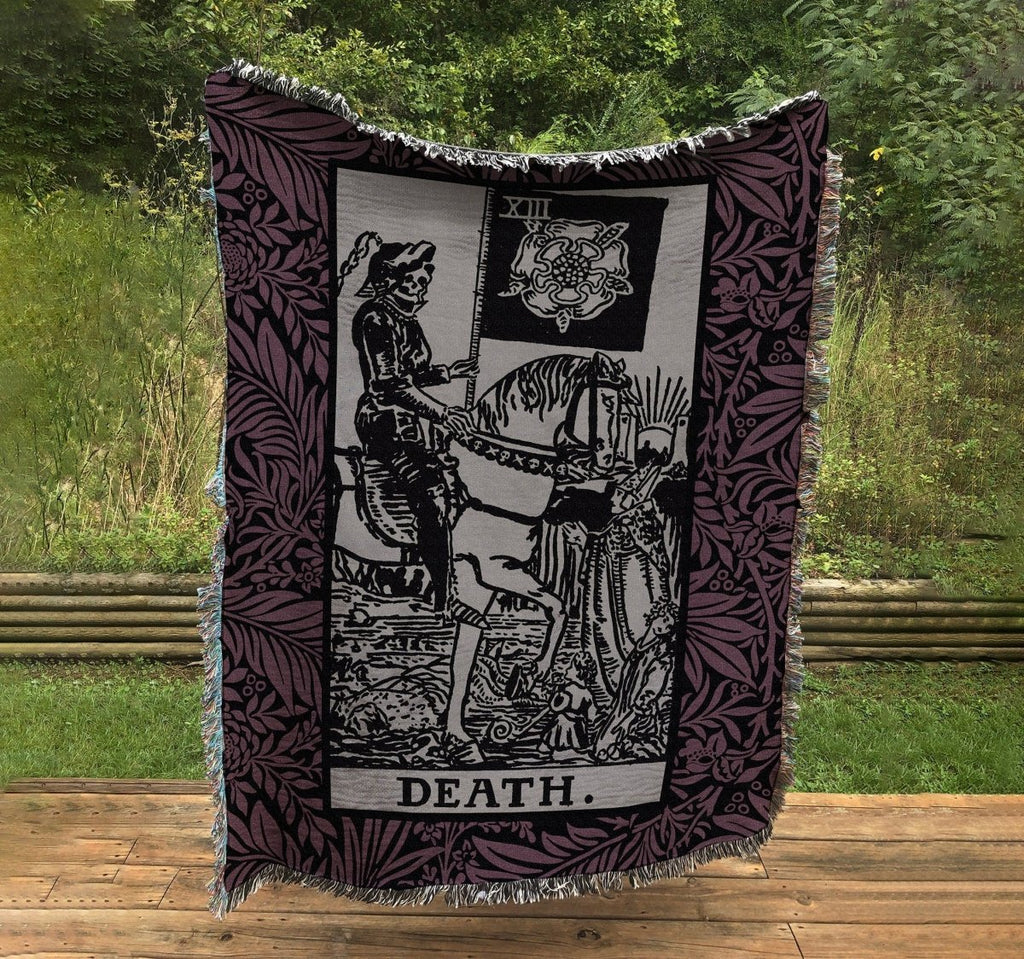 Death Tarot Card Woven Blanket - Purple Floral Cotton Throw