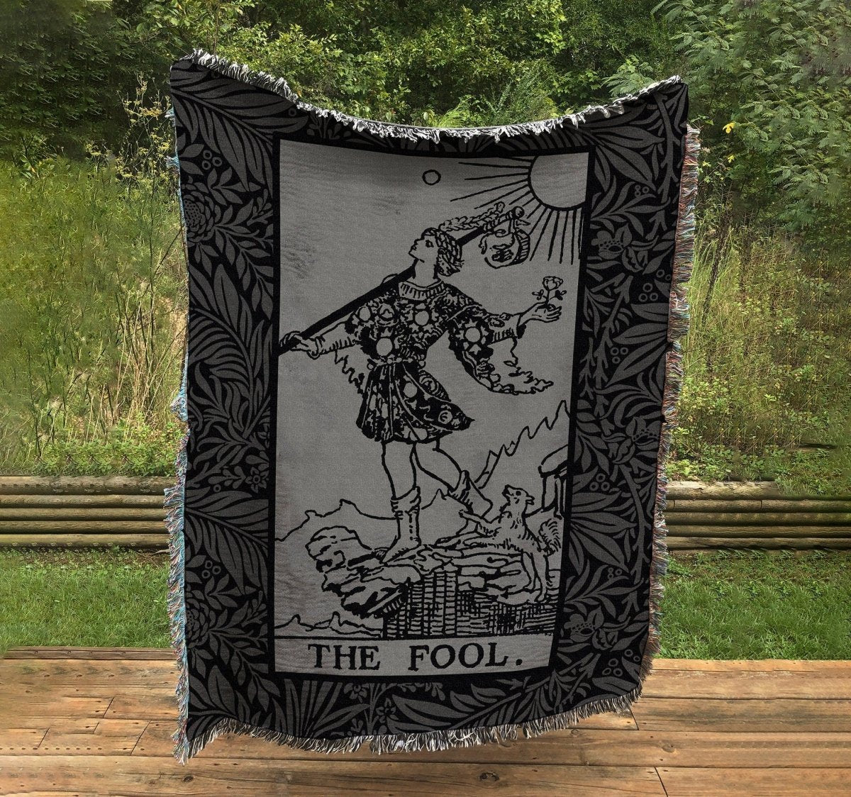 Woven Blanket - The Fool Tarot Card - Gray and Black Floral Rider Waite Deck - Cotton