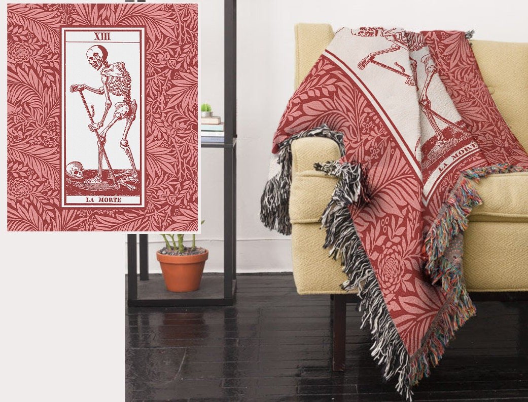 Woven Blanket -La Mort Tarot of Marseille Death Tarot Card - Cotton Throw Pink