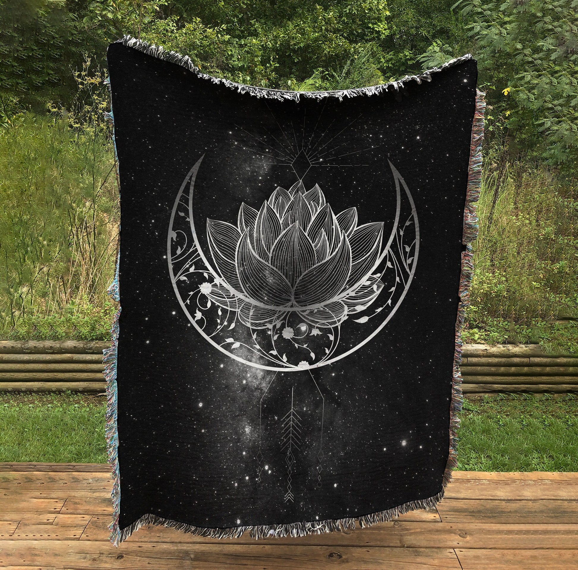 Jacquard Woven - Lotus and MOON Woven - Black and Gray - Woven Tapestry - Blanket -Cotton Meditation Yoga Grunge Hippie by DesignBohemian