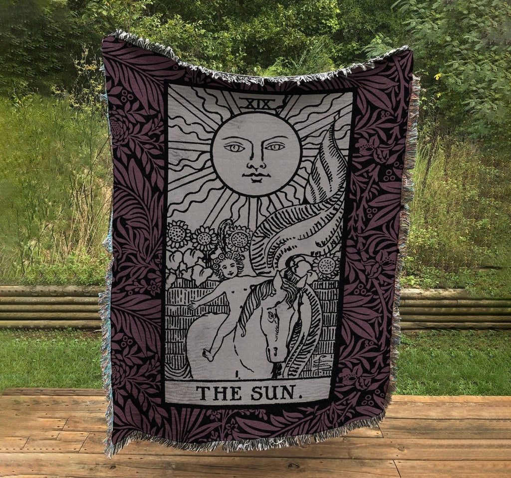 Woven Blanket - The Sun Tarot Card - Purple and Black Floral - Rider Waite Deck - Cotton Throw