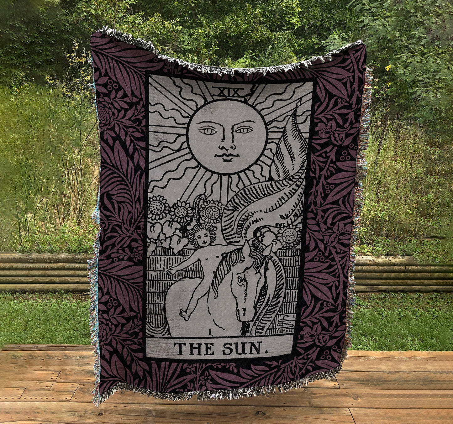 Woven Blanket - The Sun Tarot Card - Purple and Black Floral - Rider Waite Deck - Cotton Throw
