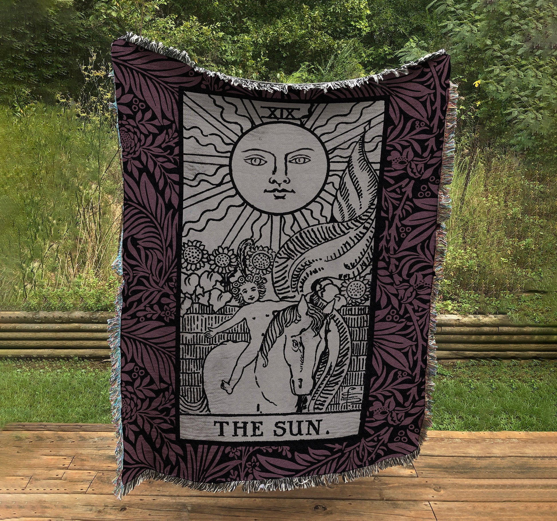 Woven Blanket - The Sun Tarot Card - Purple and Black Floral - Rider Waite Deck - Cotton Throw