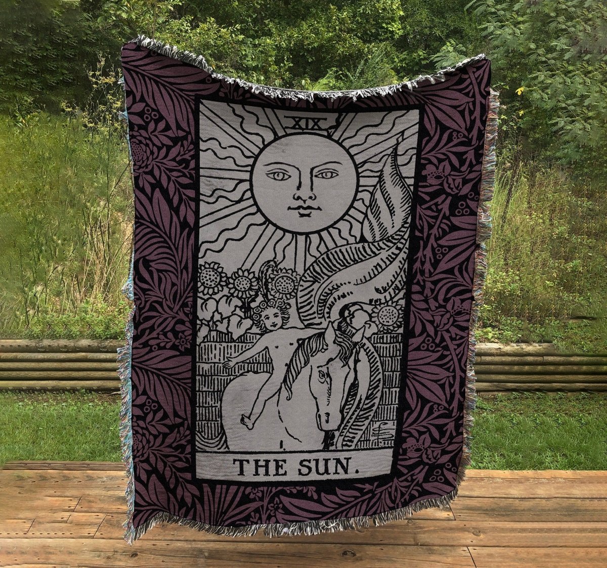 Woven Blanket - The Sun Tarot Card - Purple and Black Floral - Rider Waite Deck - Cotton Throw