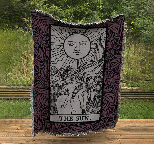 Woven Blanket - The Sun Tarot Card - Purple and Black Floral - Rider Waite Deck - Cotton Throw