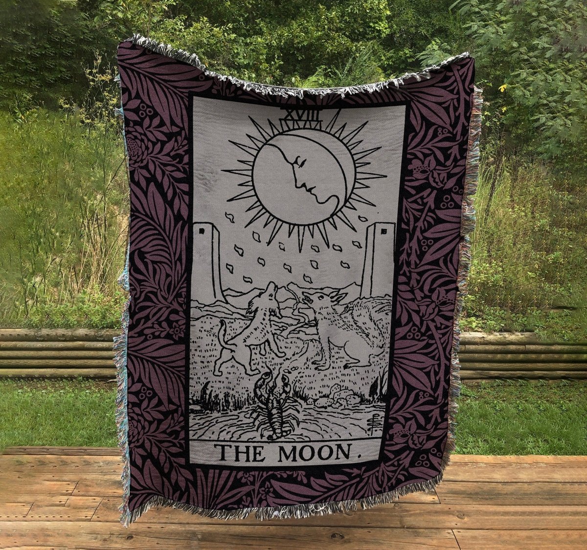 The Moon Tarot Card Woven Blanket – Purple Floral Cotton Throw