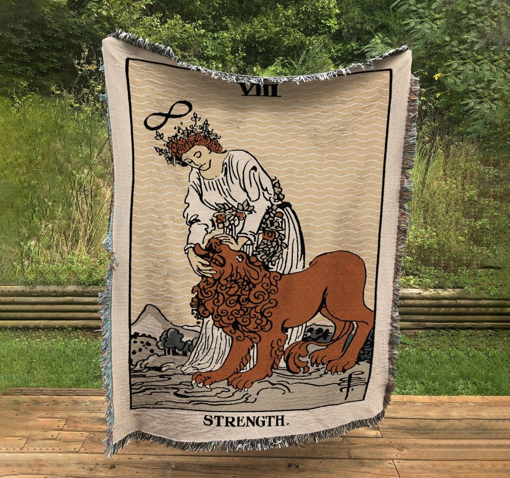 Woven Blanket - Strength Natural Vibe Color Block Tarot Card - Rider Waite Deck - Cotton