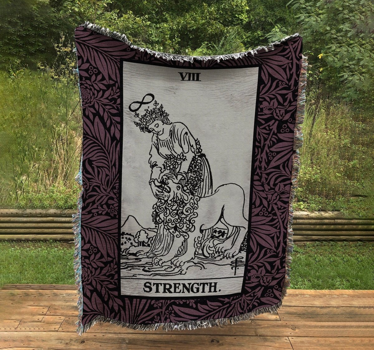 Woven Blanket - Strength Purple and Black Floral Tarot Card - Rider Waite Deck - Cotton