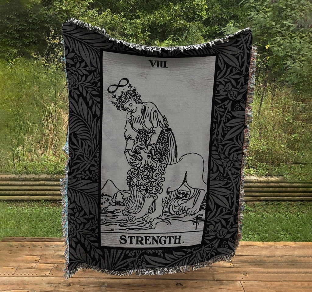 Woven Blanket - Strength Black and Gray Floral Tarot Card - Rider Waite Deck - Cotton