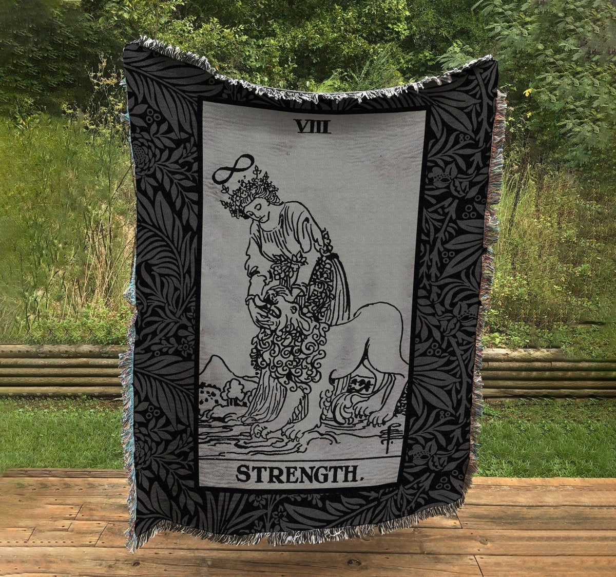 Woven Blanket - Strength Black and Gray Floral Tarot Card - Rider Waite Deck - Cotton
