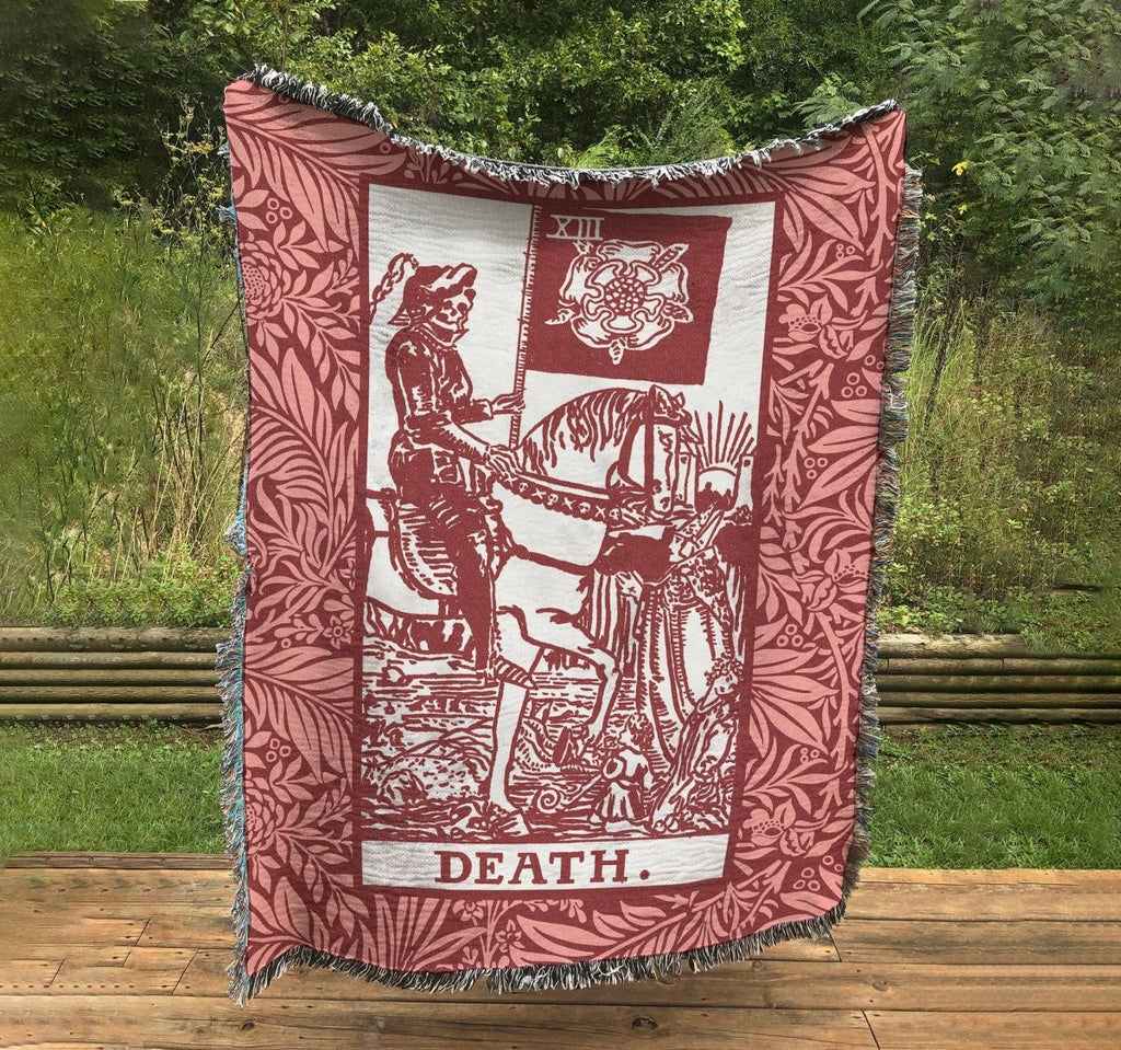 Woven Blanket - Death Tarot Card Pink Throw Blanket - Rider Waite Deck - Cotton