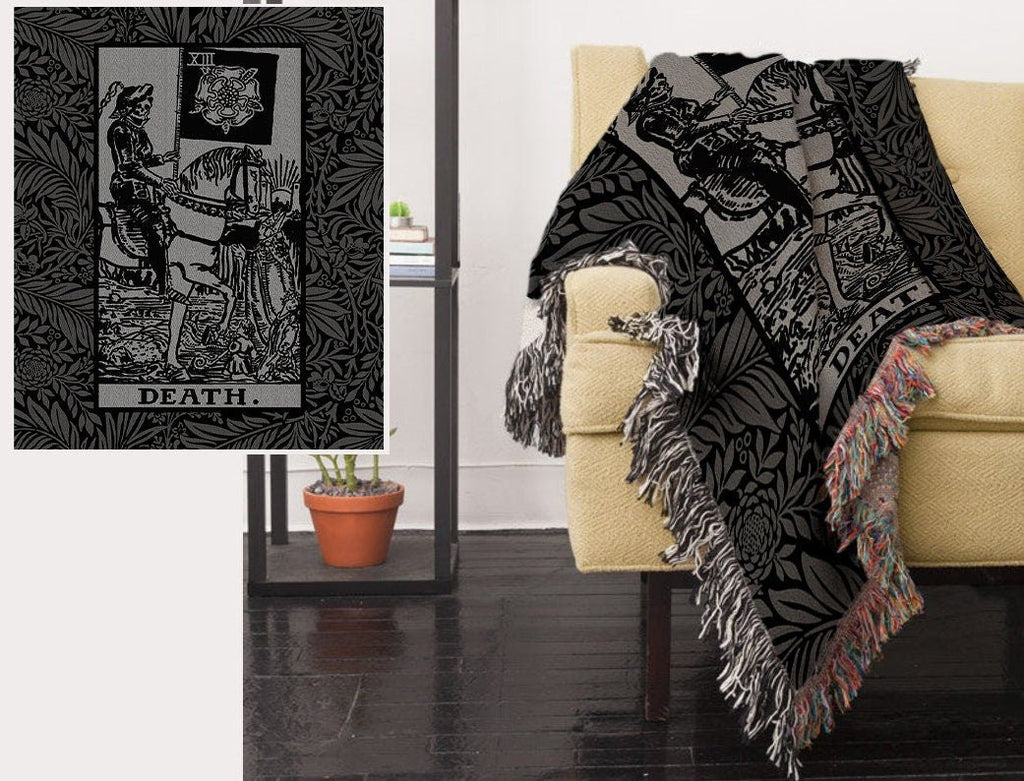 Death Tarot Card Woven Blanket - Black & Gray Floral Cotton Throw