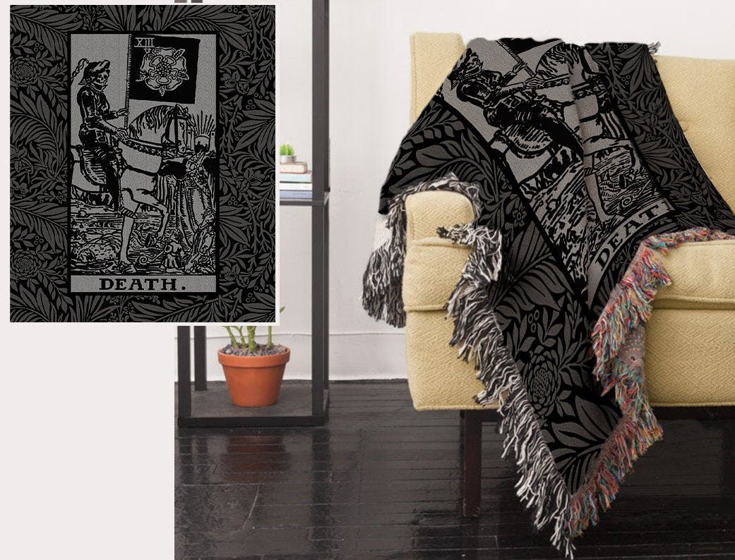 Death Tarot Card Woven Blanket - Black & Gray Floral Cotton Throw