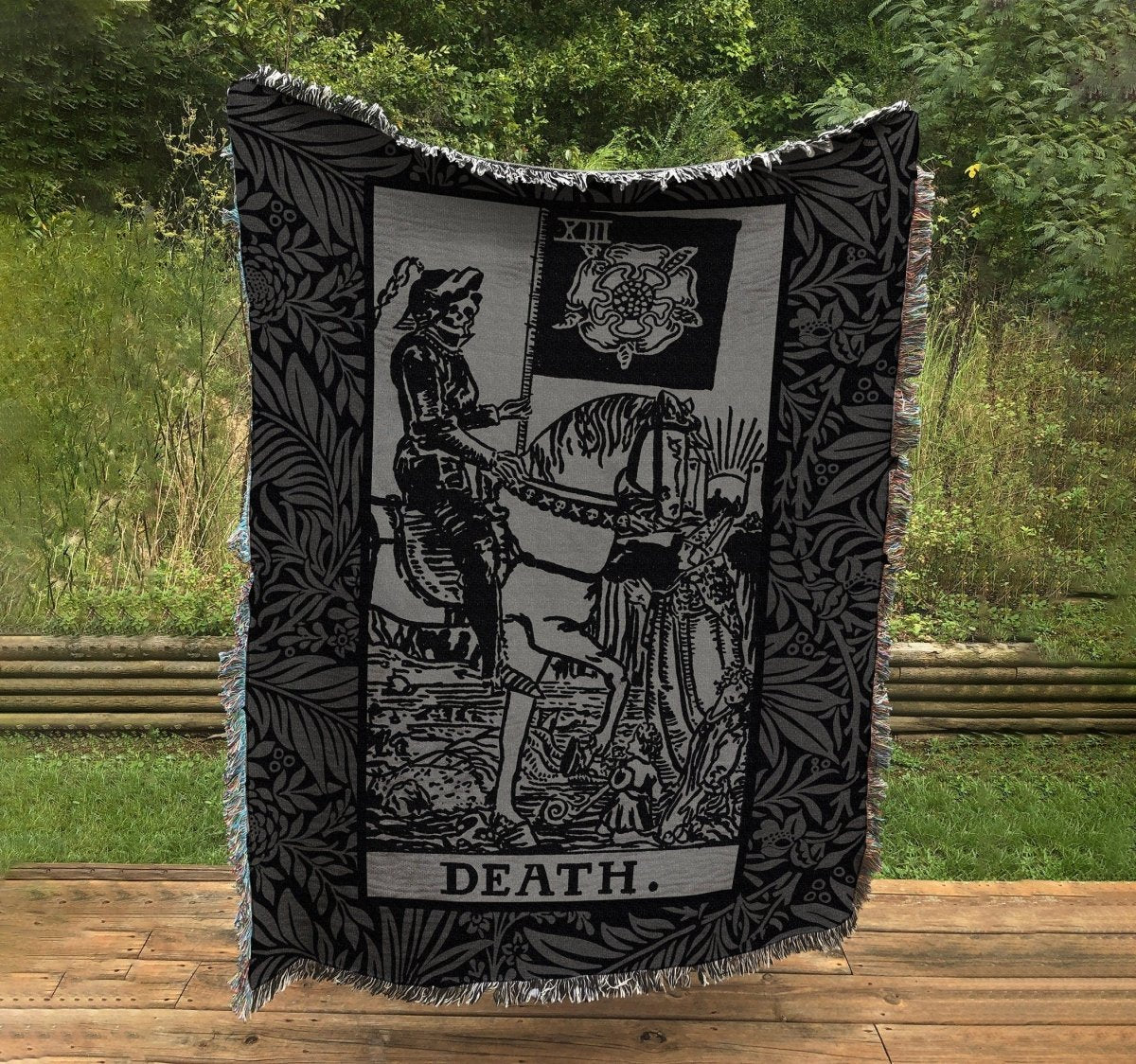 Death Tarot Card Woven Blanket - Black & Gray Floral Cotton Throw