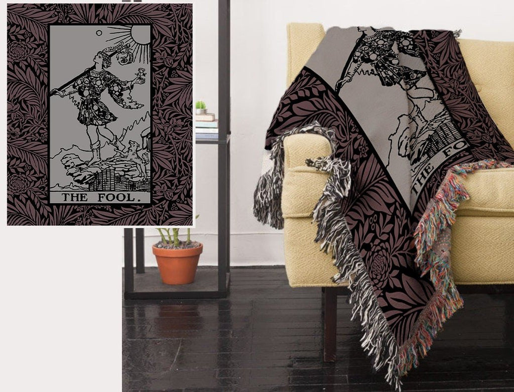 Woven Blanket - The Fool Tarot Card - Gray and Black Floral Rider Waite Deck - Cotton