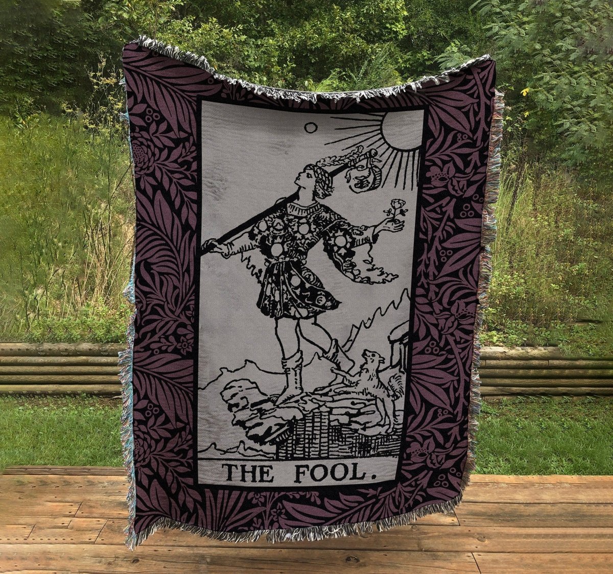 Woven Blanket - The Fool Tarot Card - Gray and Black Floral Rider Waite Deck - Cotton