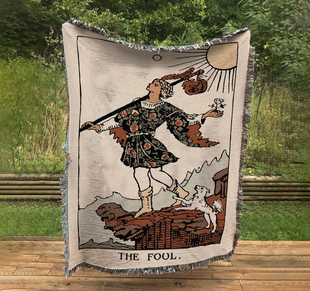 Woven Blanket - The Fool Tarot Card - Natural Vibe Color Black Rider Waite Deck - Cotton